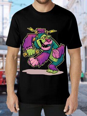 Graphic Monster Tee in Black with Neon Green & Purple Art